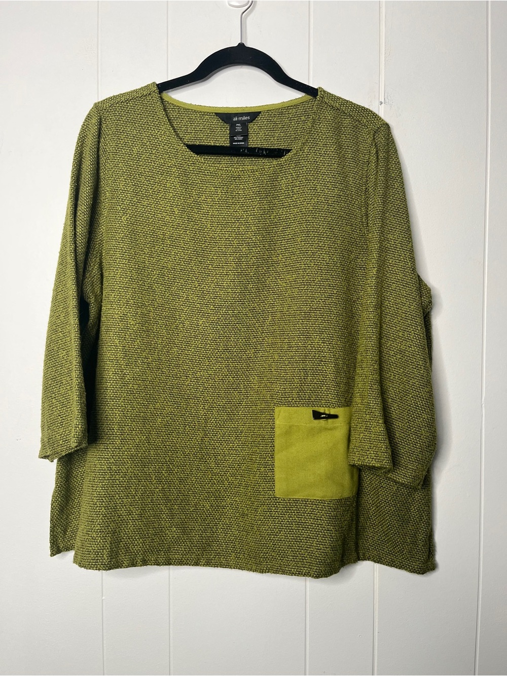 Ali Miles Woven Textured Green 3/4 Blouse Loose Boxy Fit Earthy